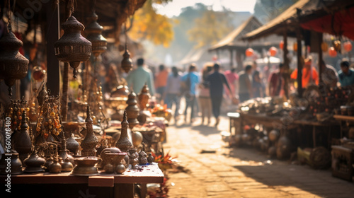 A bustling marketplace filled with ethnic folk art, crafts, and handmade goods, Ethnic Folk, blurred background