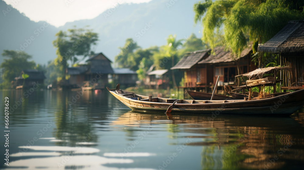 A serene lakeside view with ethnic folk-inspired fishing boats and traditional architecture, Ethnic Folk, blurred background A serene lakeside view with ethnic folk-inspired fishing boats and traditional architecture, Ethnic Folk, blurred background