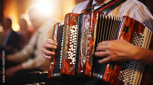 A close-up of hands playing ethnic folk musical instruments like the accordion or bagpipes, Ethnic Folk, blurred background photo