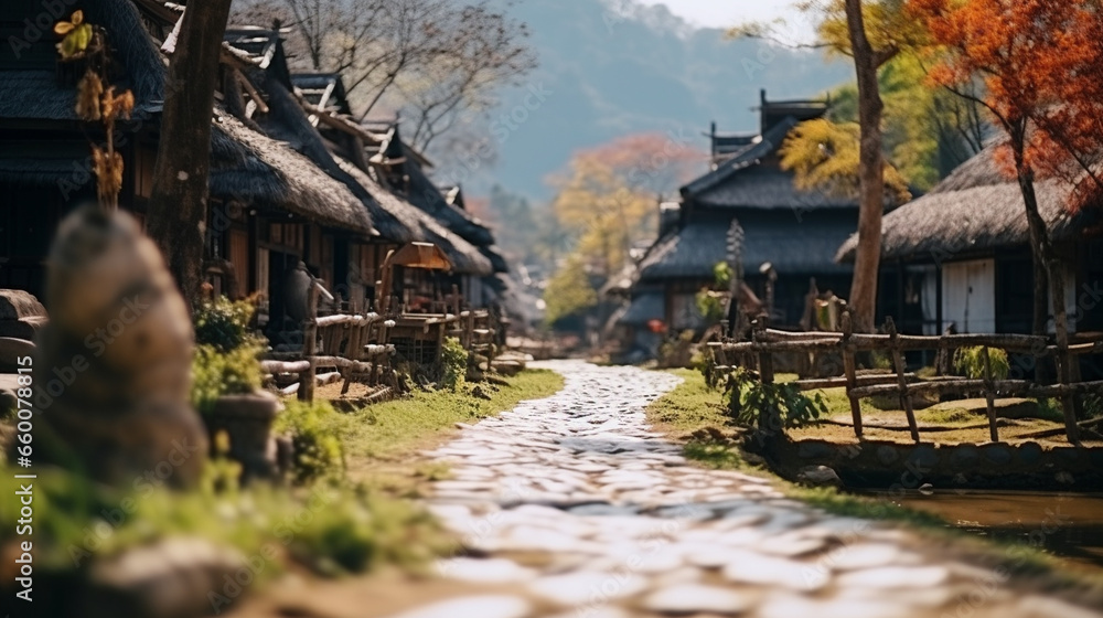 A scenic view of an ethnic folk-inspired village with thatched roofs and cobblestone streets, Ethnic Folk, blurred background