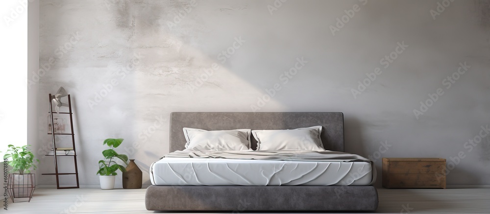 A mattress of gray color positioned by the wall in the room