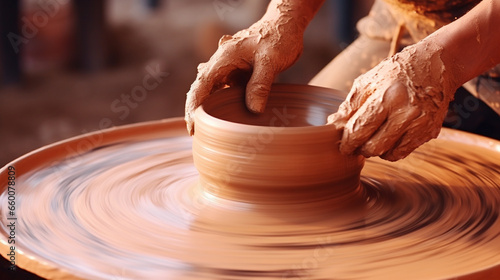 A close-up of a potter's wheel in motion, shaping clay into ethnic folk pottery, Ethnic Folk, blurred background