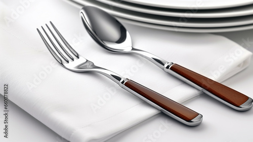 A close-up of modern cutlery featuring sleek wooden handles, adding style to your dining table.