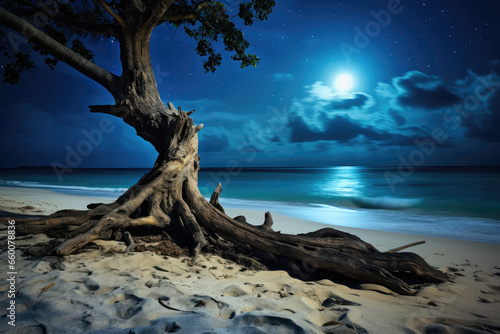 Beautiful tropical beach at night with big tree and full moon. © Tida