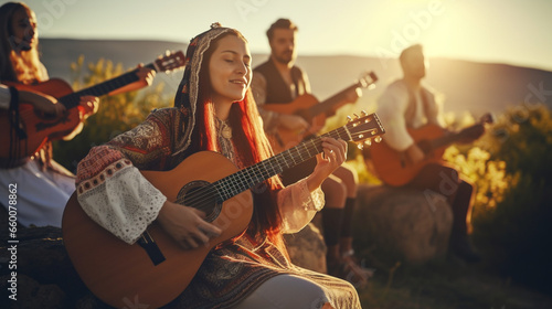 A group of people practicing traditional ethnic folk songs and harmonies in a picturesque countryside setting, Ethnic Folk, blurred background photo