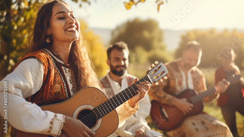 A group of people practicing traditional ethnic folk songs and harmonies in a picturesque countryside setting, Ethnic Folk, blurred background
