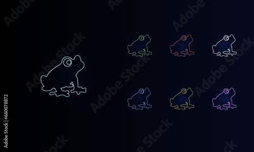 A set of neon frog symbols. Set of different color symbols, faint neon glow. Vector illustration on black background