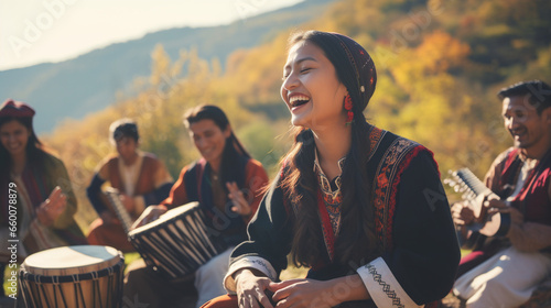 A group of people practicing traditional ethnic folk songs and harmonies in a picturesque countryside setting, Ethnic Folk, blurred background photo