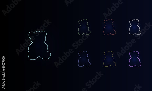 A set of neon teddy bear symbols. Set of different color symbols, faint neon glow. Vector illustration on black background