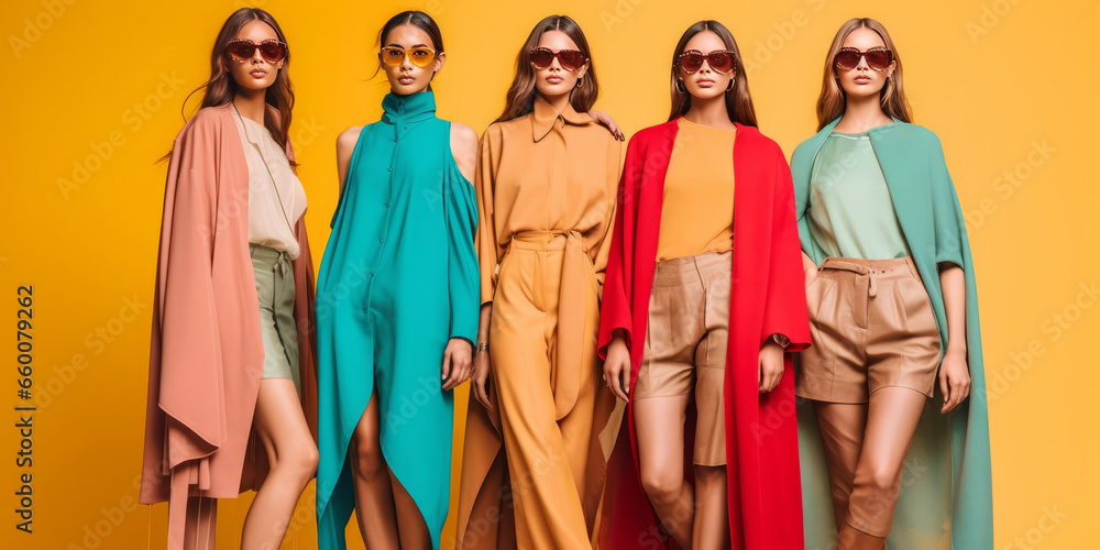 High fashion show with beautiful stylish young female models in fine casual colorful outfits