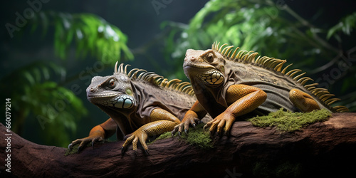 Two iguanas basking on a tree branch, jungle background, photorealistic, warm natural light, depth of field © Marco Attano