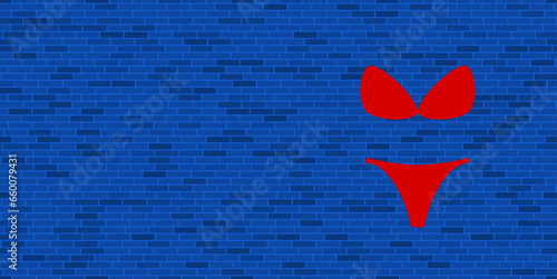 Blue Brick Wall with large red bikini symbol. The symbol is located on the right, on the left there is empty space for your content. Vector illustration on blue background