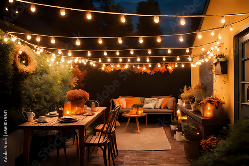 Autumn coffee shop patio party lights decorate a cozy garden with sofa