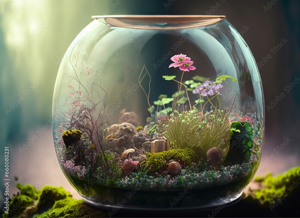 Glasterrarium mit bunten Blumen und Blüten vor einem unscharfen Hintergrund. Glasterrarium mit bunten Blumen und Blüten vor einem unscharfen Hintergrund.