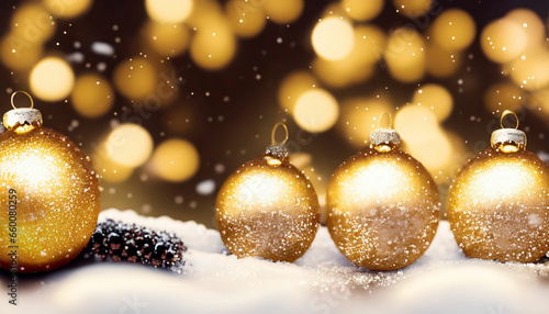 Weihnachtsmotiv mit Schnee, goldenen Christbaumkugeln und Glitzer