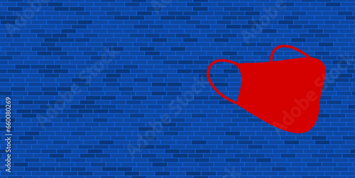 Blue Brick Wall with large red mask symbol. The symbol is located on the right, on the left there is empty space for your content. Vector illustration on blue background