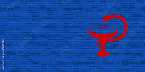 Blue Brick Wall with large red medicine symbol. The symbol is located on the right, on the left there is empty space for your content. Vector illustration on blue background