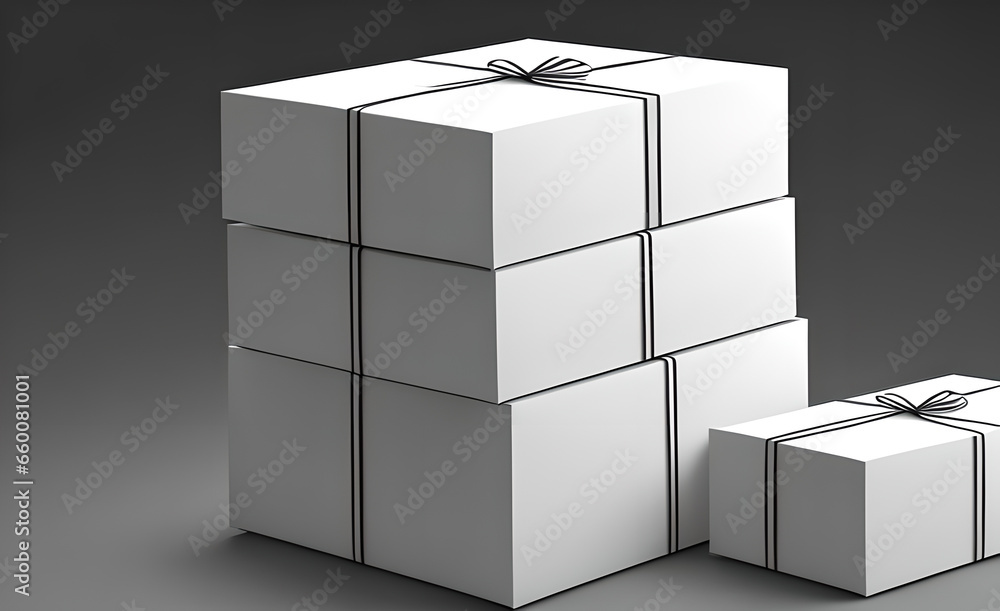 Obraz premium Various cardboard boxes for delivery, Christmas design, realistic decorative items, birthday, anniversary, surprise poster, wedding. Banner, flyer and brochure. holiday layout, generative artificial i
