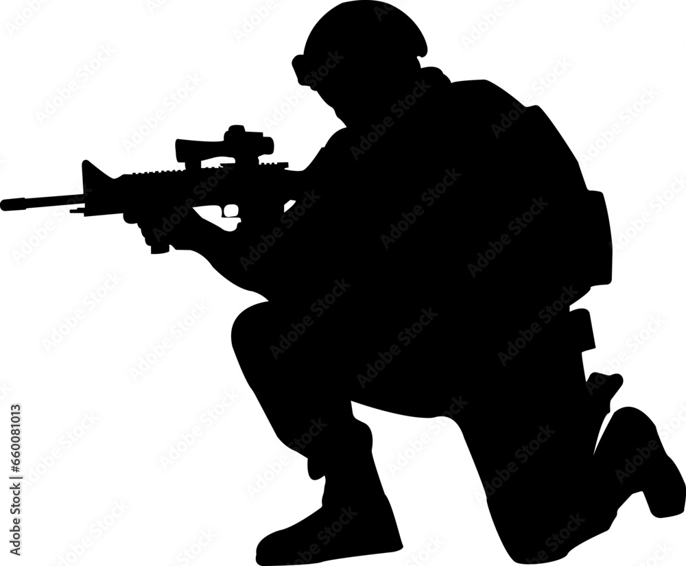 Sitting soldier with rifle silhouette vector isolated on white background