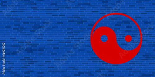Blue Brick Wall with large red yin yang symbol. The symbol is located on the right, on the left there is empty space for your content. Vector illustration on blue background