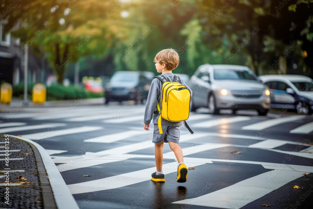 Road safety: Kid crossing a busy city street, highlighting the potential danger of accidents and the need for pedestrian caution.