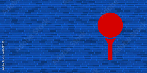 Blue Brick Wall with large red golf symbol. The symbol is located on the right, on the left there is empty space for your content. Vector illustration on blue background