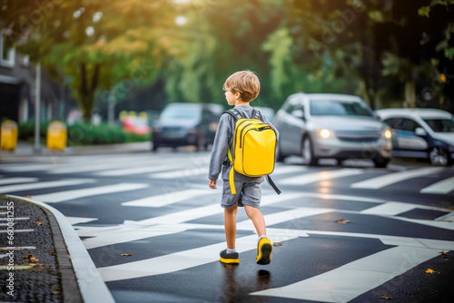 Obraz na płótnie Road safety: Kid crossing a busy city street, highlighting the potential danger of accidents and the need for pedestrian caution. w salonie