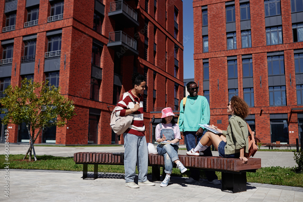 Wide angle view at diverse group of students studying together outdoors in urban setting at modern college campus, copy space