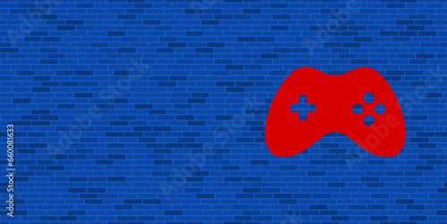Blue Brick Wall with large red joystick symbol. The symbol is located on the right, on the left there is empty space for your content. Vector illustration on blue background