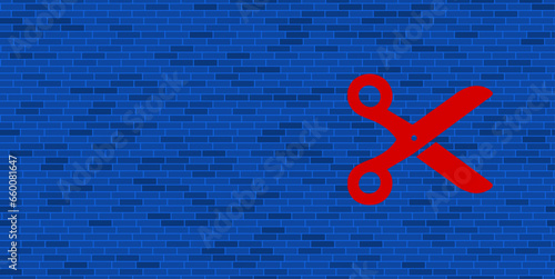 Blue Brick Wall with large red scissors symbol. The symbol is located on the right, on the left there is empty space for your content. Vector illustration on blue background