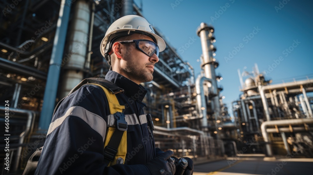 A candid shot of a factory worker in an oil refinery using a laptop computer for maintenance work. A candid shot of a factory worker in an oil refinery using a laptop computer for maintenance work.