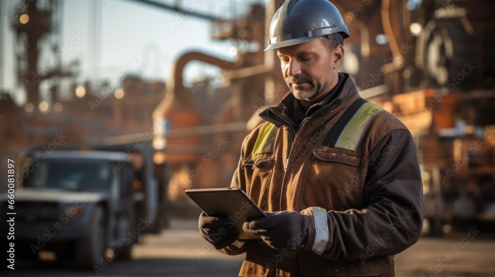 A candid shot of a factory worker in an oil refinery using a laptop computer for maintenance work. A candid shot of a factory worker in an oil refinery using a laptop computer for maintenance work.
