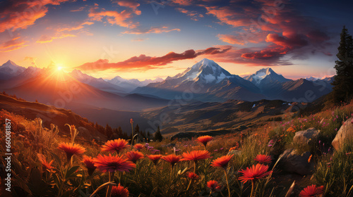 Mountain landscape at sunset. Sunrise in the mountains. The sun goes down over the mountains.