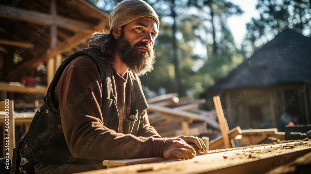 Carpenter constructing wooden frame two - story house near the forest. Carpenter constructing wooden frame two - story house near the forest.