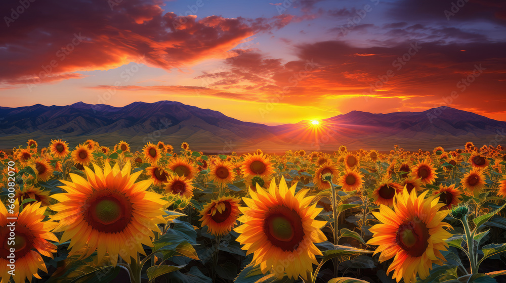 Sunflower field at sunset with mountains in the background. Landscape.