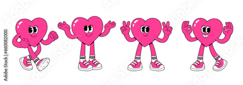 Cartoon heart characters. Cute love symbols with faces different poses hands and feet. Playful cheeky happy hearts in trendy retro comic style. Love concept in pink magenta color. Happy Valentines day
