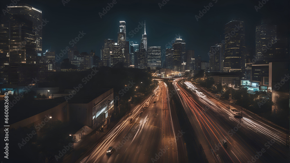 Night traffic in downtown Los Angeles. California. United States of America