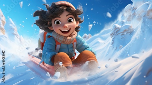 little girl riding on snow slides illustration.