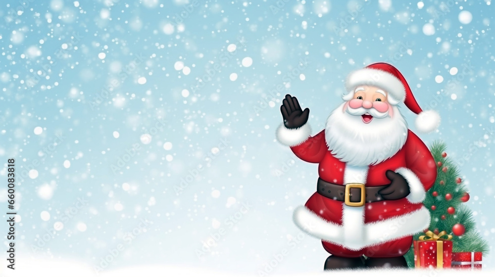 Santa Claus sending warm waves of holiday cheer in a snowy wonderland.