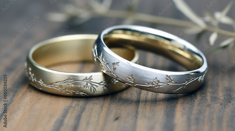 Witness love's rustic beauty as wedding rings grace a wooden surface, symbolizing enduring romance. Witness love's rustic beauty as wedding rings grace a wooden surface, symbolizing enduring romance.