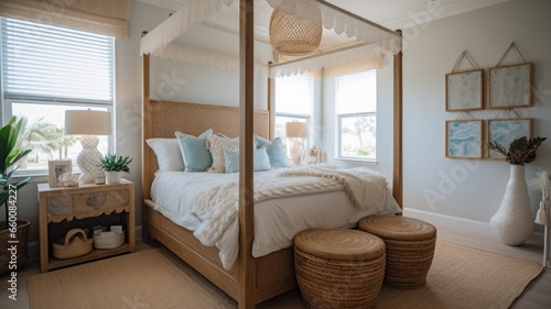 Bedroom decor, home interior design . Coastal Beachy style with Ocean View decorated with Wood and Wicker material . Generative AI AIG26.