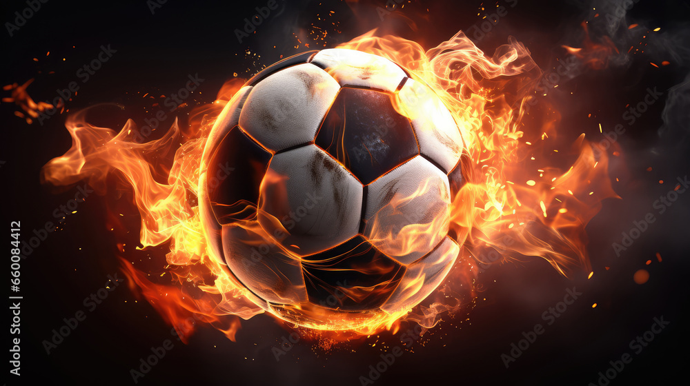 Naklejka premium Soccer ball in the flames on a black background.