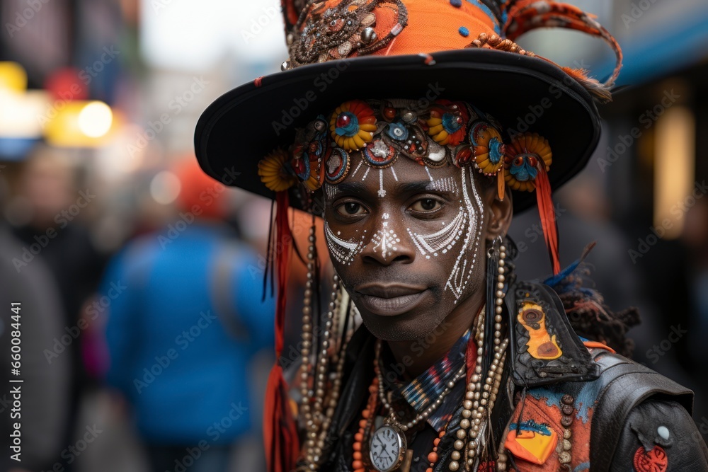 A candid street portrait of a street performer in a foreign city, showcasing the authenticity and diversity of urban culture