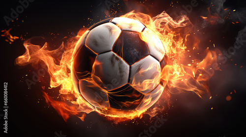 Soccer ball in the flames on a black background.