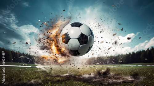 Soccer ball in fire and smoke on the field.
