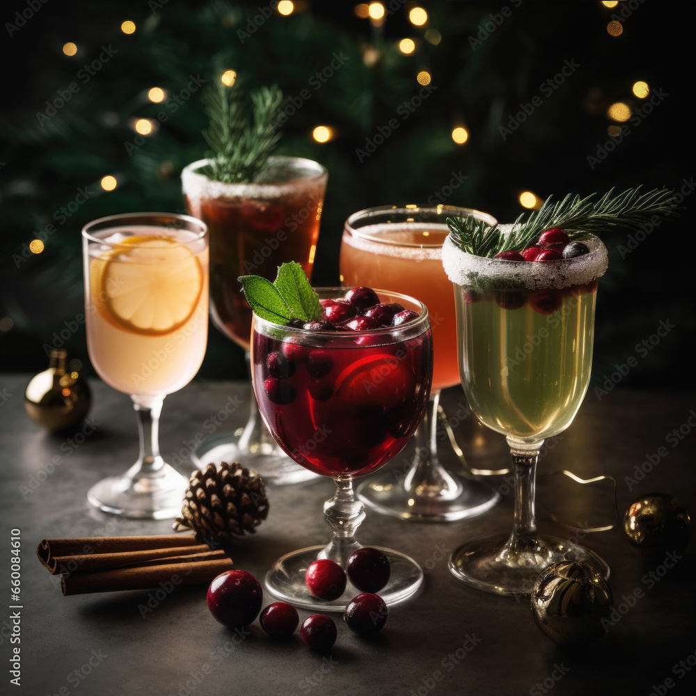 Set of glasses with Christmas drinks on table close up, christmas tree with lights on background. Set of glasses with Christmas drinks on table close up, christmas tree with lights on background.