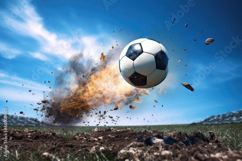 Soccer ball in the air with the blue sky as a background