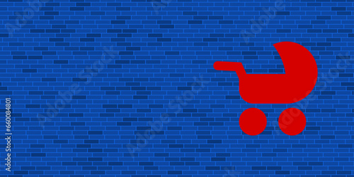 Blue Brick Wall with large red baby carriage symbol. The symbol is located on the right, on the left there is empty space for your content. Vector illustration on blue background