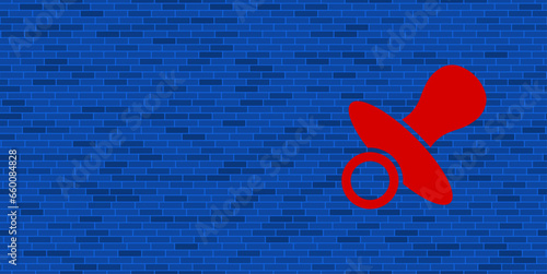 Blue Brick Wall with large red nipple symbol. The symbol is located on the right, on the left there is empty space for your content. Vector illustration on blue background