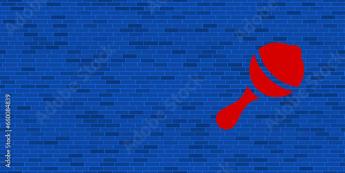 Blue Brick Wall with large red baby rattle symbol. The symbol is located on the right, on the left there is empty space for your content. Vector illustration on blue background